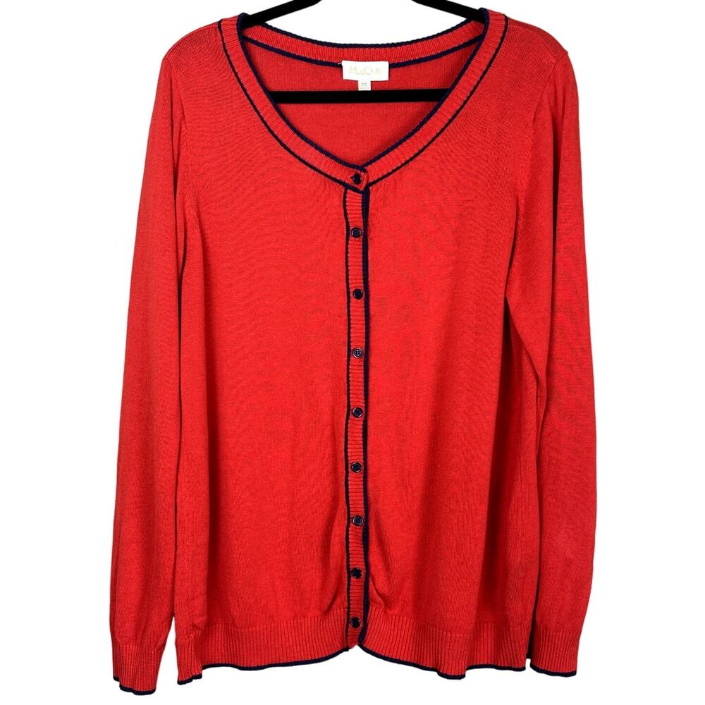 ModCloth Classic Women Size 2X Red Navy Trim Button Up V Neck Cardigan Sweater